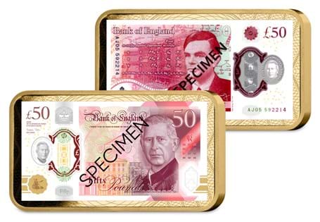Your Brand New King Charles III £50 Banknote Ingot features two gold-plated ingots presented in a tamper-proof capsule.