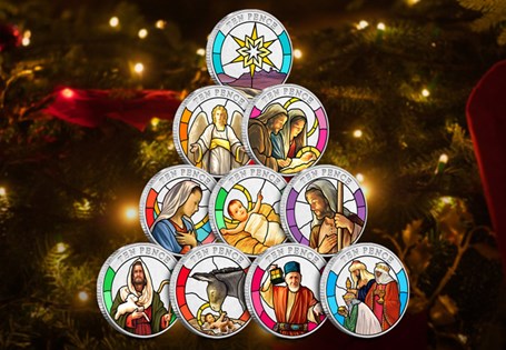 The 2024 Christmas Nativity 10p Coin Set, featuring vivid stained glass designs of Nativity characters. Each set comes in a presentation case with a certificate of authenticity.
