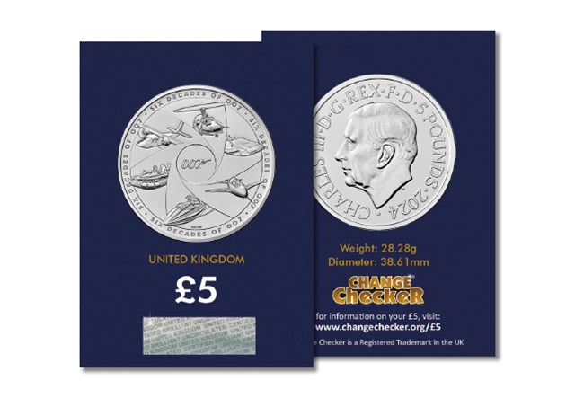 2024 UK Six Decades of Bond CERTIFIED BU £5 OBVERSE REVERSE in packaging