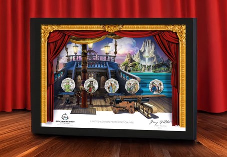 The Peter Pan Colour 50p Framed Set. This set features characters from Peter Pan based on the original stage play. The characters & their costumes are inspired by the original actors & design sketches