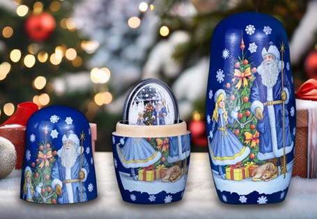 Stunning pure silver 1oz coin featuring a detailed colour engraving of Father Frost. Comes complete with certificate inside two Nesting Dolls. Each coin is engraved with the unique edition number.