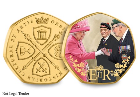 This commemorative features Queen Elizabeth II meeting with two British Armed Forces Veterans during the VE Day Anniversary event.
