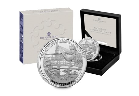 The UK 2025 American War of Independence Silver 1oz, struck to a pristine Proof finish issued by The Royal Mint for the 250th Anniversary of Lexington and Concord. Edition Limit: 5,000