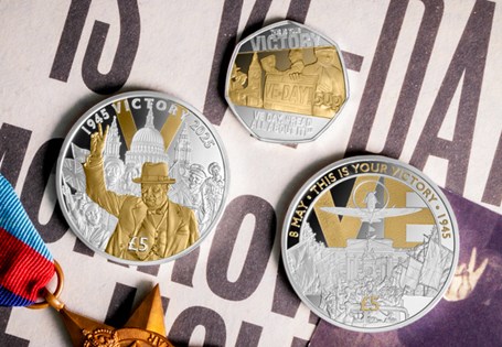 This set has been issued to mark the 80th Anniversary of VE Day. It features two £5 coins and one 50p, each struck from Sterling Silver with selective 24 carat gold plating. EL: 995.