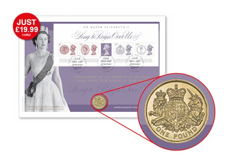 Issued to mark Queen Elizabeth II becoming our Longest Reigning Monarch on 09/09/2015, your cover features the UK Royal Mail Long to Reign Over Us Miniature Sheet and a UK 2015 Royal Arms £1 Coin.