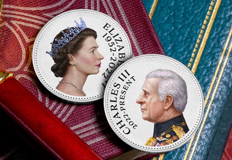The Queen Elizabeth II and King Charles III 10p Pair. Part of the FIRST EVER Royalty 10p Coin Series. Struck to a Brilliant Uncirculated finish and featuring full colour, original portraits.