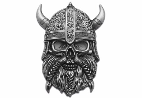 This coin has been struck from 1oz of Pure .999 Silver into the shape of a Viking Skull. It features ultra high relief to an antique finish. EL: 999