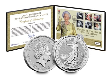 This cover is being issued to commemorate the 99th Birthday of Queen Elizabeth II. It includes a 2022 Silver Britannia Coin, and 6 stamps postmarked on the day of the Queen's birthday - 21st April.