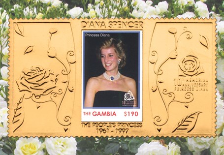 Gold stamp issued to commemorate the 10th anniversary of Diana's passing. Gambia stamp $190v featuring a beautiful portrait of Diana. Blocked in 22 Carat Gold. 