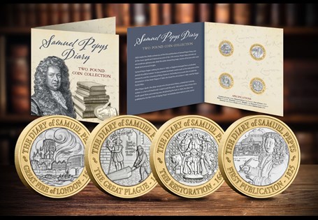 Marking the 200th anniversary of the first publication of Samuel Pepys Diary. This is a 4-coin £2 features Samuel Pepys and the major events that he wrote about in his diary. Struck to a BU finish.