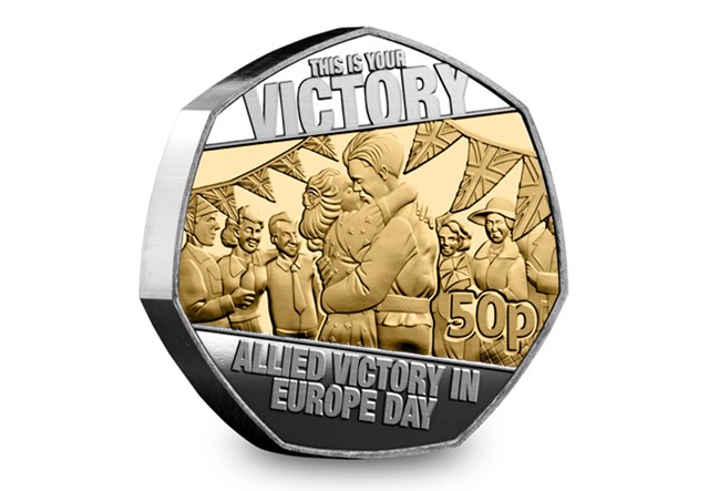 VE Day Falklands Silver (With Sel. Gold Plate) Victory 5Oz 50P Rev