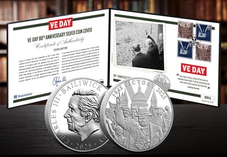 Commemorate 80 years since VE Day with this exclusive Silver Coin Cover. Features a 2025 Guernsey £5 coin, historic UK stamps, and is limited to just 250 worldwide. A true collector’s piece.