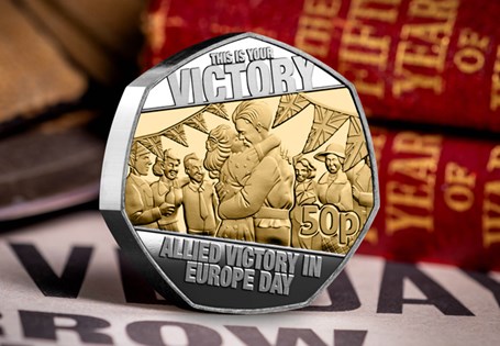 Honour Britain’s VE Day triumph with the 5oz Silver Proof 50p Coin. Only 295 worldwide. Struck in Pure Silver with 24ct gold. Secure yours today with a £69.50 deposit.