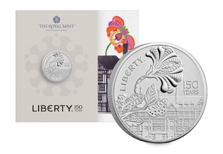 The UK 2025 Brilliant Uncirculated £5 coin. Issued to mark the 150th Anniversary of Liberty, the famous London store.