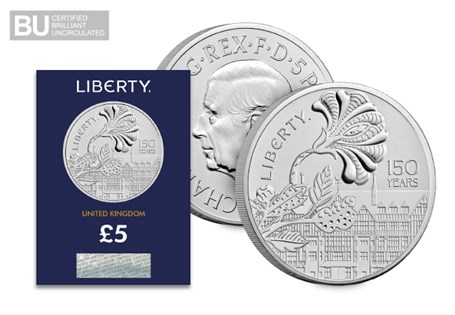 The Royal Mint has issued a £5 to celebrate 150 years of the Liberty department store. It is struck to a Brilliant Uncirculated quality and protectively encapsulated in Change Checker packaging.