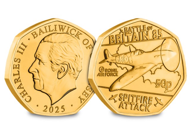 Battle Of Britain BU (Guernsey) Gold Plated 50Ps Spitfire Attack OBV REV