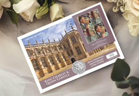 Celebrating the 20th anniversary. It features the new 2025 BU £5 coin, displaying a portrait of the pair and Royal Mail 2005 Royal Wedding Miniature Stamp Sheet, postmarked on 9th April 2025.