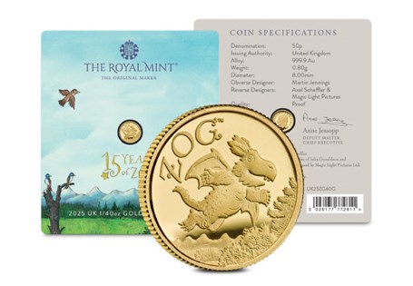 This 1/40oz Gold Proof 50p coin marks 15 years of the story of Zog the dragon, written by Julia Donaldson and illustrated by Axel Scheffler. Comes in official Royal Mint packaging.