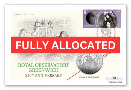 Only 50 Royal Observatory Silver Proof £5 Coin Covers have been authorised for release. Each Cover comprises the latest Royal Mail Commemorative 1st Class Stamp and an official postmark. 