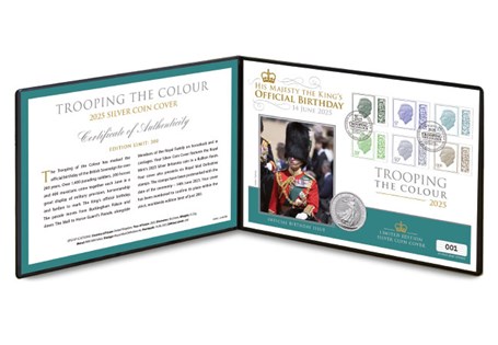 This year on the 14th June, we celebrate Trooping the Colour. This special cover is being released featuring the 2025 Silver Britannia, alongside six Royal Mail definitive stamps postmarked on the day