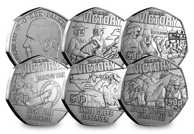 VE Day Falklands BU 50P Set All OBV REV Together