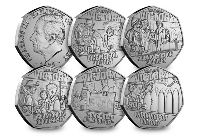 VE Day Guernsey BU 50P Set All REV (With Obv)