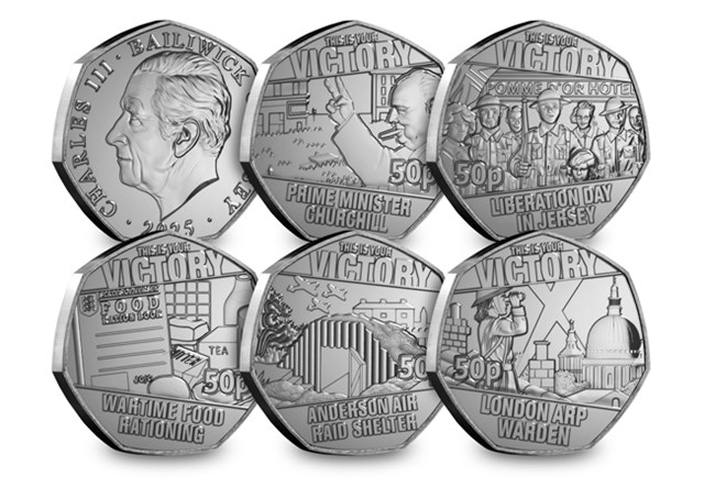 VE Day Jersey BU 50P Set All REV (With Obv)