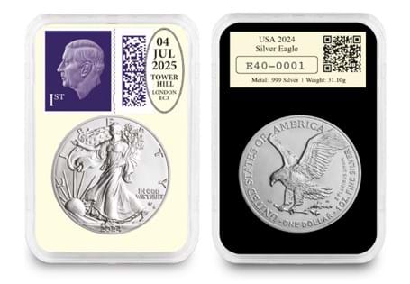 This DateStamp features the USA 2024 1oz Silver Bullion Eagle, struck from .999 silver and encapsulated alongside a KCIII purple First Class Stamp. It has been officially postmarked on 4th July 2024.