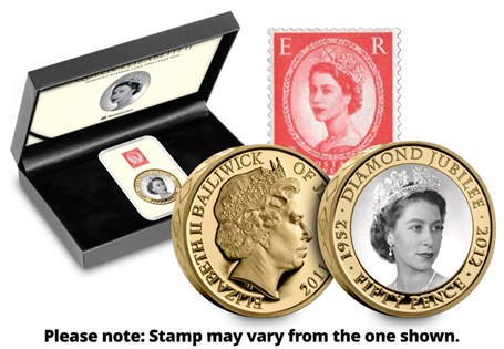 A Coin featuring a Dorothy Wilding photograph of QEII, that was used for postage stamps. It has been encapsulated in tamper proof capsule with an original Wilding Stamp issued between 1952-1968.