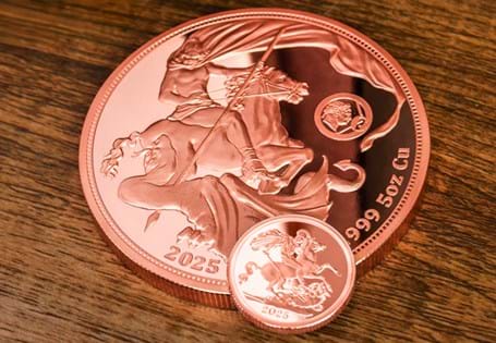 This 2025 St. George and the Dragon Coin has been struck from 5 ounces of .999 Copper to a proof like finish. Strictly limited to 1500 worldwide.
