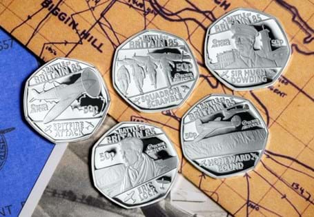 Issued to mark the 85th Anniversary of the Battle of Britain. It features five 50p coins struck from Sterling Silver to a Proof Finish. Each coin depicts a key moment from the conflict. EL: 450