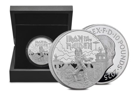 This 5oz Silver Proof £10 coin with selective colour printing has been issued to celebrate the 50th anniversary of Iron Maiden's formation in 1975. Comes in official Royal Mint packaging.