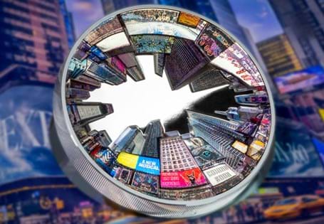 Limited to just 499 worldwide, this 3oz silver coin offers a unique 360° fisheye view of Times Square in stunning detail with ultra-deep relief and vivid colour. EL: 499.