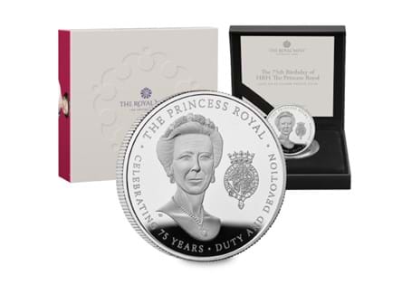 This Silver Proof UK £5 coin has been released to mark Princess Anne's75th Birthday. Comes in official Royal Mint packaging.