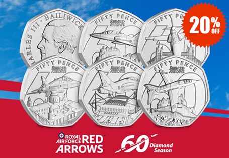 This year marks the 60th anniversary of the Red Arrows, and to celebrate Jersey have issued 5 brand new 50ps. Each 50p features a Red Arrow flying over a famous landmark.
