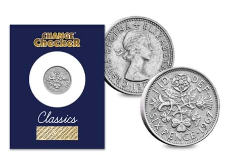 Original 1967 British sixpence minted during the reign of Queen Elizabeth II in 1967. This coin has been specially encapsulated in official Change Checker Classics packaging.