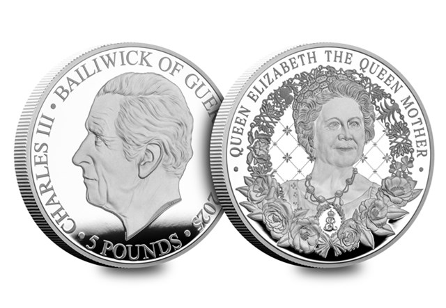 Queen Mother 125Th Birthday Silver Proof £5 Coin Obverse Reverse