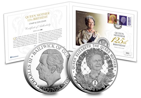 Issued for the Queen Mother’s 125th anniversary, this cover features the 2025 Queen Mother Proof £5 Coin, her 100th Birthday 27p stamp & a 1st Class stamp postmarked 4th Aug 2025. Edition Limit: 495