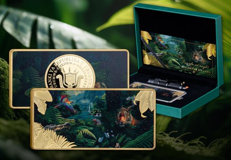 This exclusive 3 oz Pure Silver coin is plated with 24-Carat Gold and has an intricate jungle motif design. The design has been created with a state-of-the-art UV printing technology.