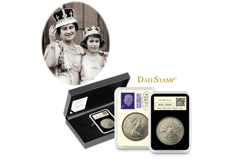 The official DateStamp presentation for the 125th Anniversary of the Queen Mother's birth. Featuring the UK 1980 Crown postmarked by the Royal Mail for the anniversary date of 4th August 2025.