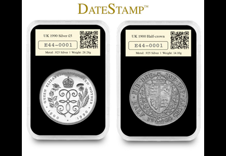 The Silver DateStamp pair for the 125th Anniversary of the Queen Mother's birth. Postmarked by The Royal Mail for 4th August 2025. including the UK 1990 £5 Silver Coin and UK 1900 Silver Half Crown.