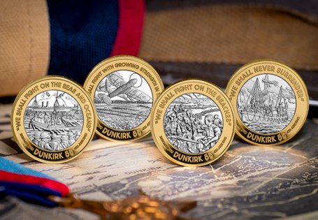 This set has been issued to mark 85 years since the evacuation of Dunkirk. This set contains four Silver Proof £2 coins, each depicting a different scene of the evacuation. EL: 495