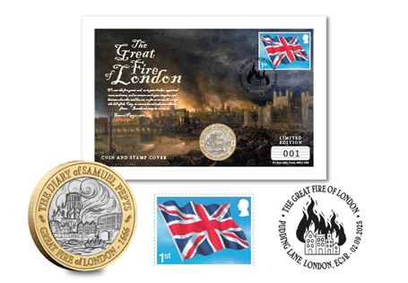 Issued to commemorate the Anniversary of the Great Fire of London, this new 2025 £2 BU Coin Cover features a 1st Class Stamp officially postmarked 2nd September 2025. Edition Limit: 495 worldwide.