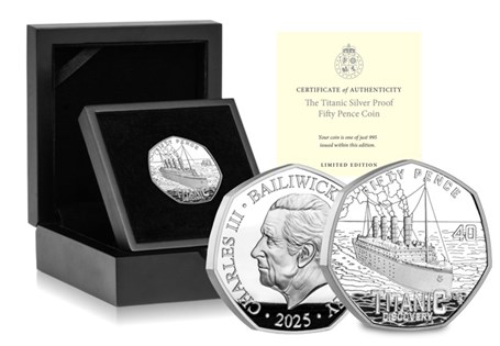 This 2025 Silver 50p has been issued by Guernsey to mark 40 years since the discovery of the wreck of RMS Titanic. Struck from Sterling Silver to a Proof finish.