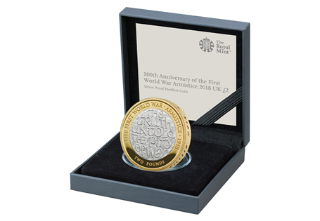 This 2018 WWI Armistice Silver Proof Piedfort £2 has been issued by The Royal Mint commemorate the First World War Armistice in 1918. The reverse features an inscription of a poem by Wilfred Owen.