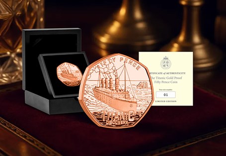 This 2025 Gold 50p has been issued by Guernsey to mark 40 years since the discovery of the wreck of RMS Titanic. Struck from 22 Carat Gold to a Proof finish. 