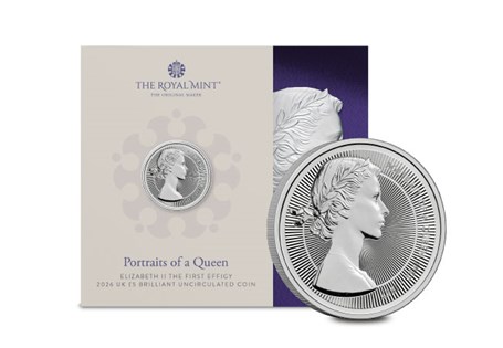 This UK 2026 Brilliant Uncirculated £5 features the inaugural definitive portrait of Queen Elizabeth II designed by Mary Gillick. Comes in official Royal Mint packaging.