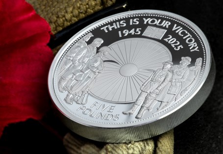 The 2025 VE Day Poppy® Piedfort Silver £5 has been struck from 56g of Pure Silver and features the iconic Poppy with six figures of remembrance. 10% supports the RBL. EL: 500.