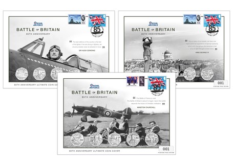 These covers feature all 15 Battle of Britain 85th Anniversary 50ps. Each cover features a UK 1965 Battle of Britain 25th anniversary stamp alongside a 1st Class Stamp, postmarked 15 Sep 2025. EL: 495