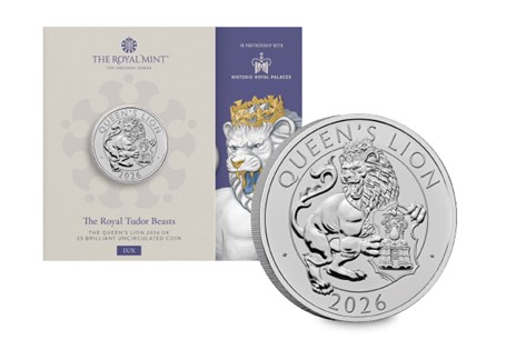 The UK 2026 The Queen's Lion Brilliant Uncirculated £5 coin pack from The Royal Mint. As part of The Royal Tudor Beasts Collection.